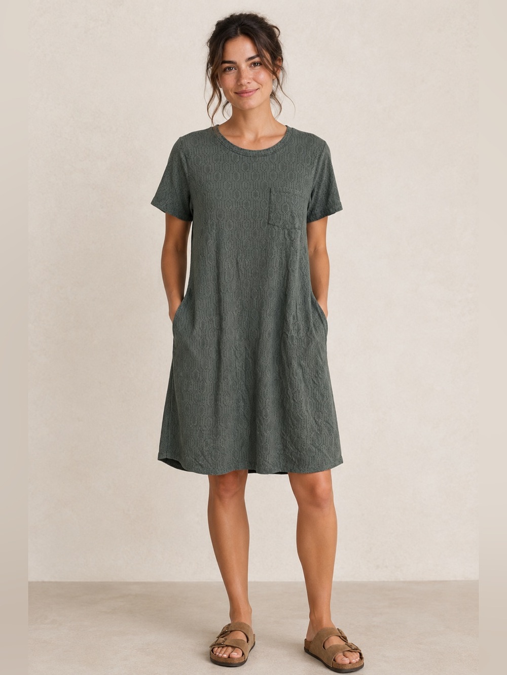 Duluth Trading Co Olive Green Printed Midi Tee Dress Pockets Minimalist Granola